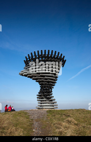Tubular Singing 'Ringing Tree' wind powered metal sound sculpture metal musical stainless steel, Pennine hill range  Burnley, England, UK