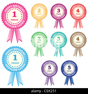 Birthday rosettes for children from 1 year to 5 years in assorted boy and girl colors. Isolated on white. Stock Photo