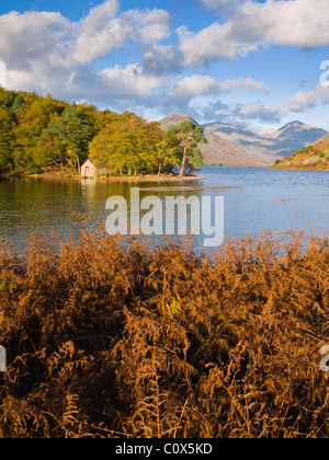 The southern end of Wastwater by Low Wood where it drains into the River Irt near Nether Wasdale in the Lake District National Park, Cumbria, England. Stock Photo