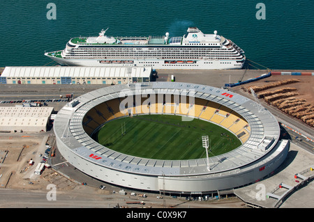 Cruise ship, Crystal Serenity docked beside the Westpac sports stadium in Wellington New Zealand. Stock Photo