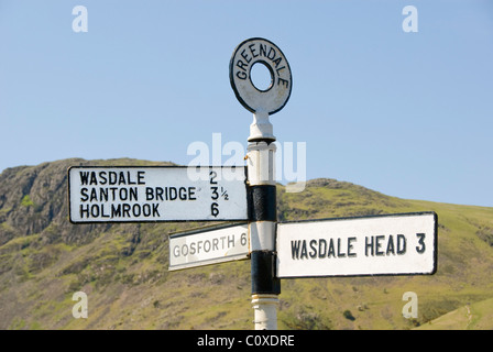 Road sign close to Wastwater lake, Greendale, Cumbria, Lake District National Park, England, UK Stock Photo