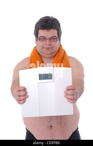 Fat man preparing to workout, with scale happy with results Stock Photo