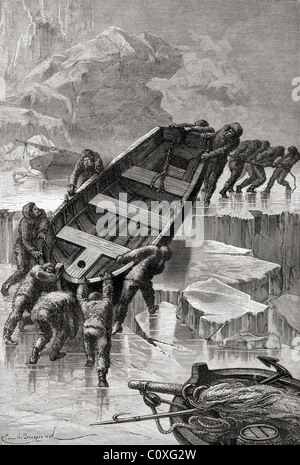 The crew of the Hansa transporting the boats to open water and escaping from the pack ice. The Hansa was the convoy and supply ship to the Germania during Second German North Polar Expedition,1869/1870. Stock Photo