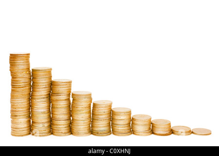 Conceptual graph. Stacks of gold coins isolated on white. Stock Photo