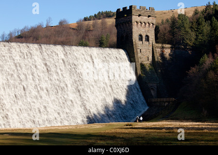 Water flowing down Howden Dam at Upper Derwent Valley Reservoir in the Peak District, Derbyshire, near Ladybower. Stock Photo