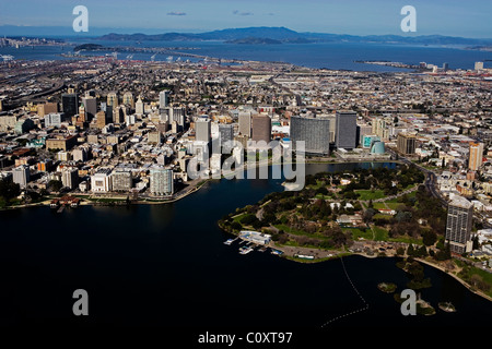 aerial view above Lake Merritt downtown Oakland toward Port Bay Bridge San Francisco and Golden Gate Stock Photo