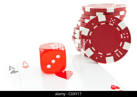 poker chips, cards and red dice cube isolated on white background. another similar shots available Stock Photo