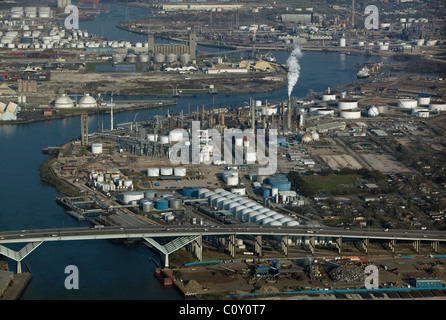 aerial view above Shell Deer Park Refinery Sidney Sherman bridge interstate I-610 Port of Houston Texas Stock Photo