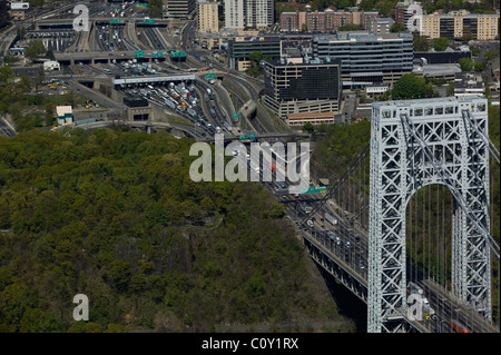 aerial view above George Washington bridge toll plaza booths New Jersey Stock Photo