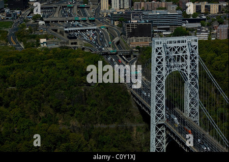 aerial view above George Washington bridge toll plaza booths New Jersey Stock Photo