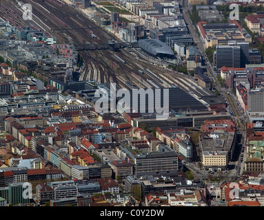 aerial view above central rail station Munich München Hauptbahnhof Germany Stock Photo