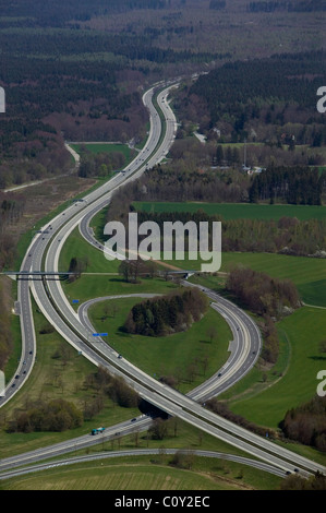 aerial view above Autobahn interchange Bavaria Stock Photo