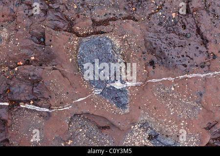 Detail of ancient eroded rock on the shore of Lake Superior showing quartz vein and various colorful mineral inclusions. Stock Photo