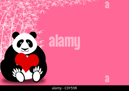 Happy Valentines Day Panda Bear Holding Heart with Bamboo Illustration Stock Photo