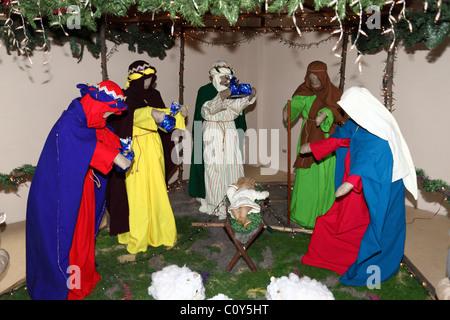 Modern style life size Christmas nativity scene with Mary, Joseph and Wise Men, La Paz , Bolivia Stock Photo