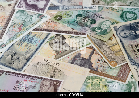 Collection of old banknotes cash money bills from around the world Stock Photo