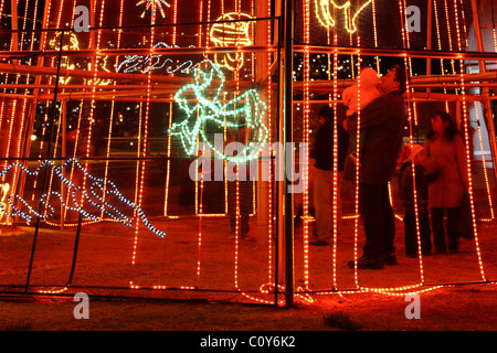 People looking at artificial Christmas tree made of red light strips in La Paz, Bolivia Stock Photo
