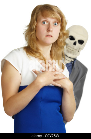 A young woman experiences the fear of death on white Stock Photo