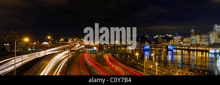 Freeway Light Trails in Downtown Portland Oregon Panorama at Night Stock Photo