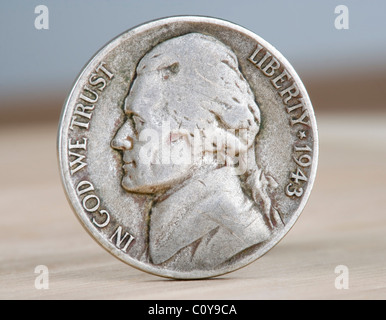 1943 US War nickel. So called because during WWI, nickel was in high demand and nickels were made with higher silver content Stock Photo