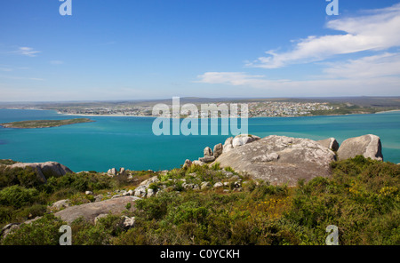 Langebaan Lagoon and the town of Langebaan seen from the West Coast National Park, Western Cape, South Africa. Stock Photo