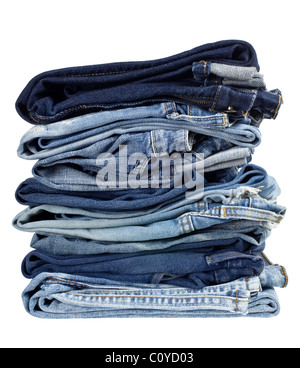 Stack of jeans in different shades of blue isolated on white background Stock Photo