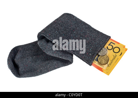 Aussie currency in a sock isolated on white background Stock Photo