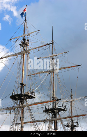 Masts and rigging at the Grand Turk / Etoile du Roy, three-masted frigate replica of HMS Blandford, Saint-Malo, Brittany Stock Photo
