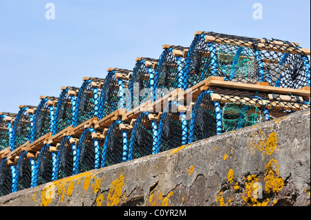 Stacked lobster traps / cages in Aberdeenshire, Scotland, UK Stock Photo