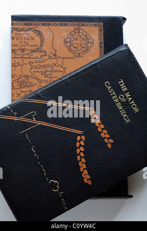 The Mayor of Casterbridge leather bound book resting on box with map of the Wessex region set on white background Stock Photo