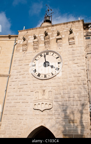 Gothic town gate Tour de l'Horloge, Sommieres, Gard, Languedoc, France Stock Photo