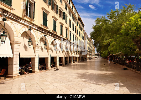 The French built Liston Esplanade Cafes, Kerkya, Corfu City, Greek Ionian Islands Stock Photo