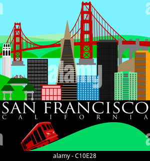 San Francisco California Skyline with Golden Gate Bridge by the Bay Illustration Stock Photo