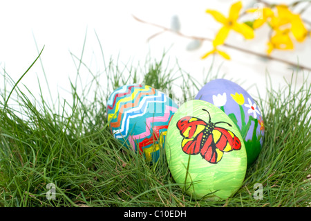 Colorful hand painted Easter eggs in green spring grass Stock Photo