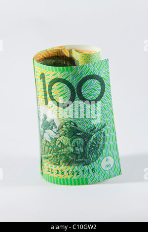 Rolled up Australian 100 dollar note close-up Stock Photo