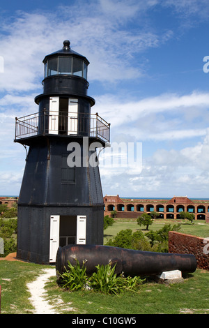 Lighthouse sits atop the upper level of the wall of Fort Jefferson National Park in the Dry Tortugas, part of the Florida Keys. Stock Photo