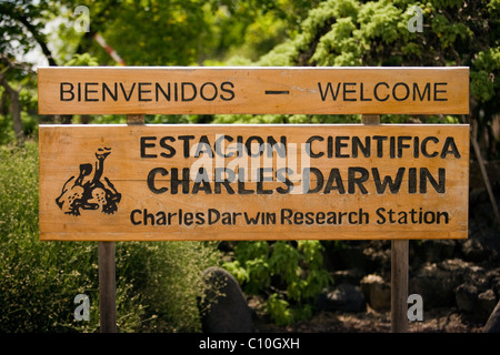 Welcome Sign - Charles Darwin Research Station - Santa Cruz Island, Galapagos Islands, Ecuador Stock Photo