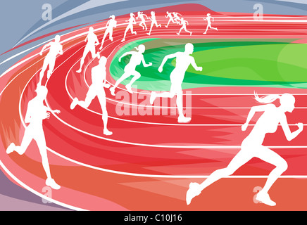 Illustration background of runners sprinting in a race around the track Stock Photo