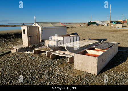 Wooden sleds in the harbour of the Inuit community Resolute Bay, Cornwallis Island, Northwest Passage, Nunavut, Canada, Arctic Stock Photo