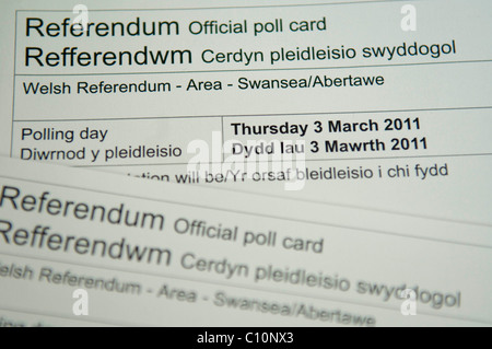 Welsh Assembly referendum voting cards for 3rd March 2011 on whether to shift law making powers from London to Wales. Stock Photo