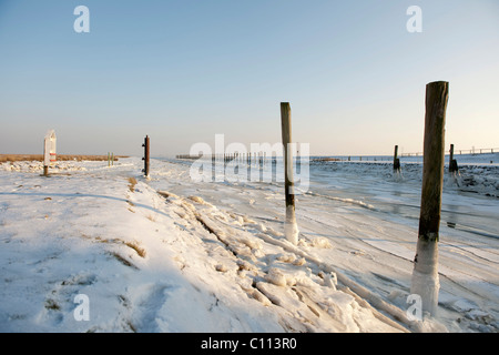 Icy harbour entrance to the village of Suederhafen, winter on the Nordstrand Peninsula, North Sea, North Friesland Stock Photo