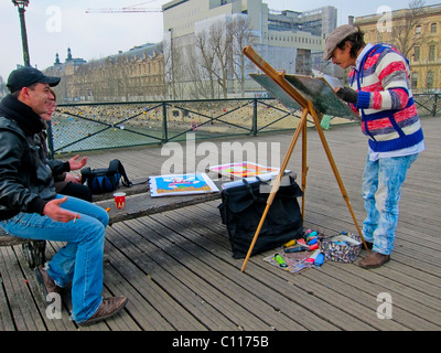 Paris, France, Local Artist, Painter, Working on Bridge on Seine River, Pont des Arts, artwork Job Stock Photo