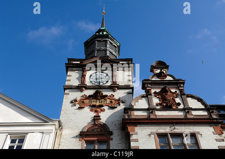 Ornate tower with clock tower and gable with the old coat of arms of Mecklenburg, main post office, built from 1892 to 1897 in Stock Photo