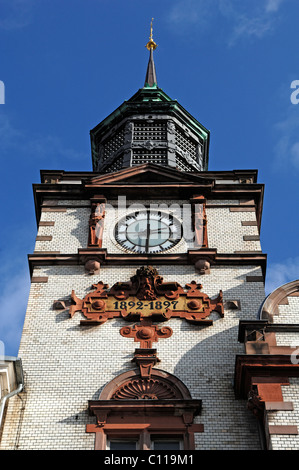 Ornate tower with clock tower, main post office, built from 1892 to 1897 in Neo-Renaissance style, Mecklenburgstrasse, Schwerin Stock Photo