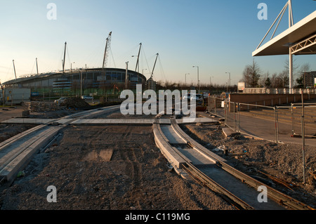 Manchester Metrolink tram route under construction near the future Velopark stop, Eastlands, Manchester, England, UK Stock Photo