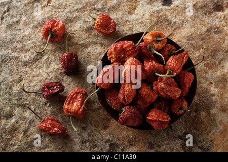 Bell Pepper (capsicum) in a copper bowl on a stone surface Stock Photo