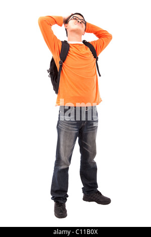 Portrait of young man stand with backpack isolated on white background Stock Photo