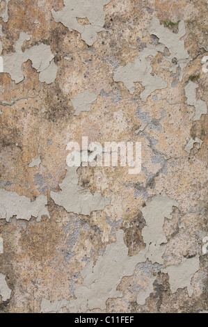 Weathered wall with several layers of plaster and paint, background Stock Photo