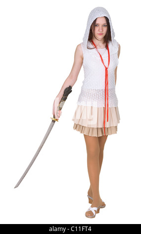 Female teenager with traditional Japanese sword - katana Stock Photo