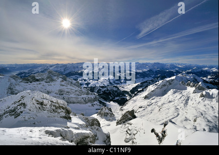 View from Mt Saentis of the snow-covered Thur Valley, Grisons Alps in the back, Canton of Appenzell Ausserrhoden, Switzerland Stock Photo